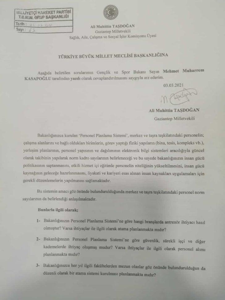 Milletvekili Taşdoğan’dan iki ayrı bakanlığa soru önergesi G2