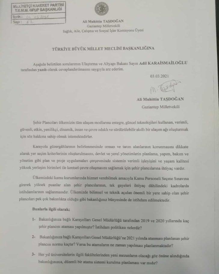 Milletvekili Taşdoğan’dan iki ayrı bakanlığa soru önergesi G3