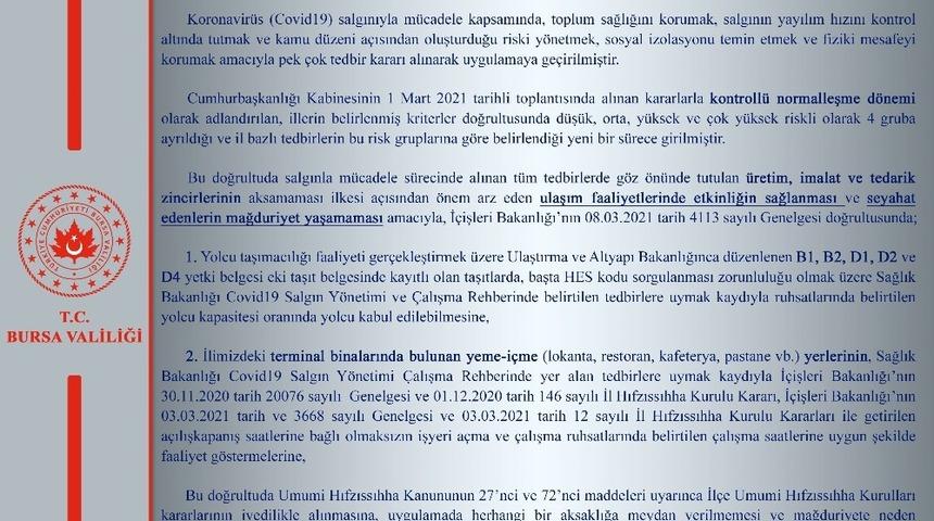 Bursa Valiliği’nden İl Hıfzıssıhha Kurul Kararı açıklaması
