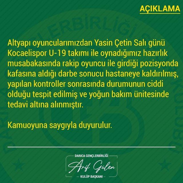 Genç futbolcu maçta aldığı darbe sonucu yoğun bakıma alındı