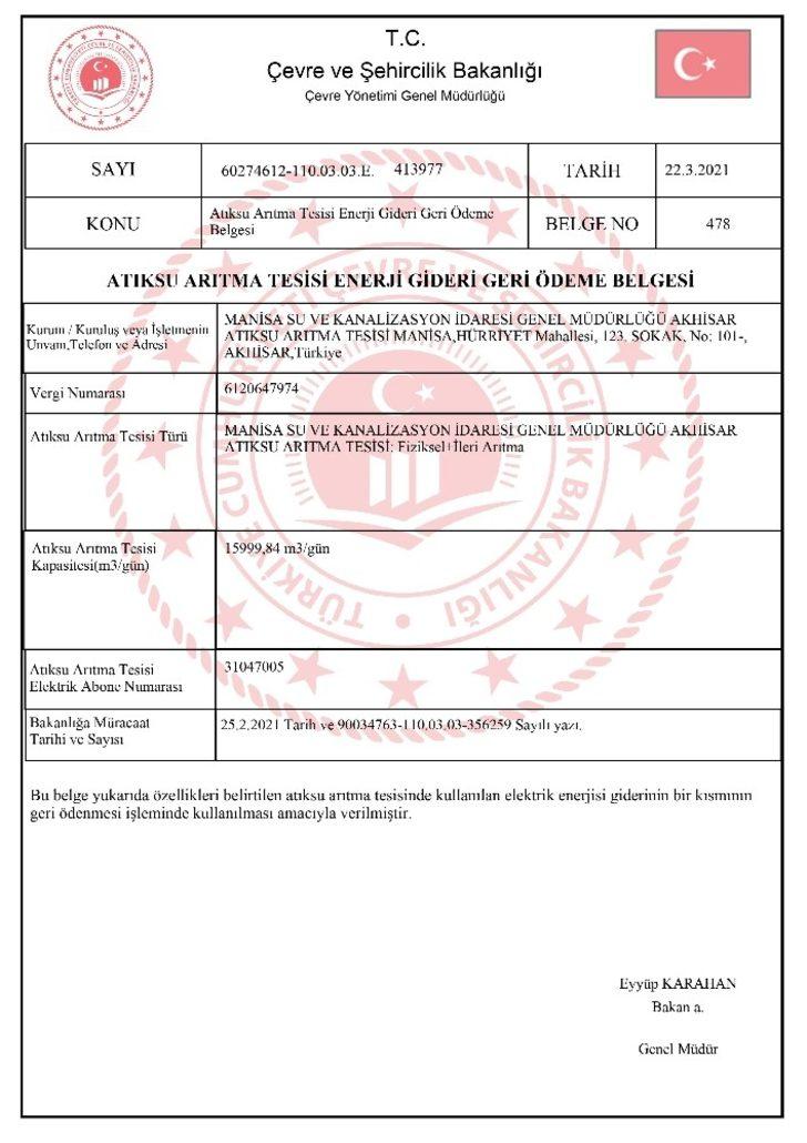 Akhisar AAT için ‘Enerji gideri geri ödeme belgesi’ yenilendi G3