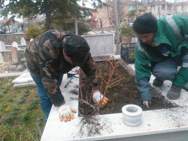 Develi’de ekipler şehit mezarlarını çiçeklerle süsledi