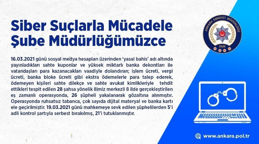 Ankara Emniyet M&uuml;d&uuml;rl&uuml;ğ&uuml;&rsquo;nden bahis operasyonu: 21 kişi tutuklandı