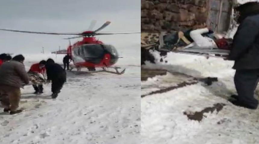 Ağrı'da kardan yolu kapanan köydeki hamile kadın ambulans uçakla hastaneye yetiştirildi