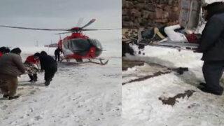 Ağrı'da kardan yolu kapanan köydeki hamile kadın ambulans uçakla hastaneye yetiştirildi