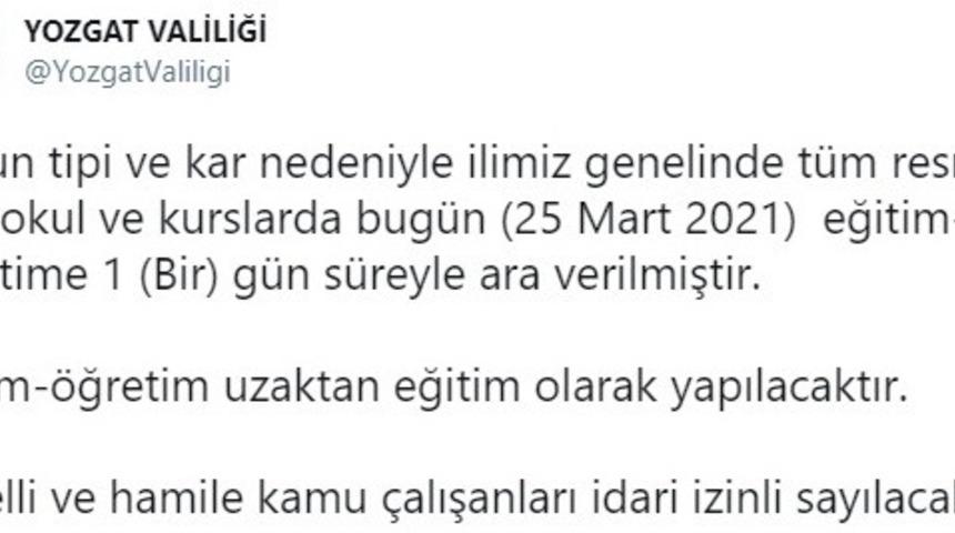 Yozgat’ta eğitime kar tatili