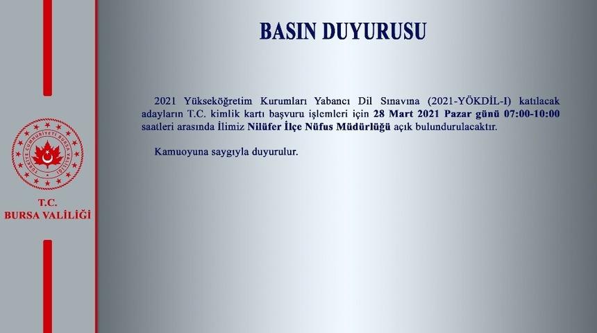 Nilüfer İlçe Nüfus Müdürlüğü pazar günü açık olacak