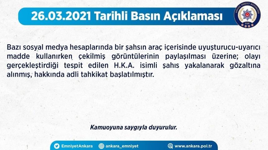 Ankara Emniyet M&uuml;d&uuml;rl&uuml;ğ&uuml;: "Ara&ccedil; i&ccedil;erisinde uyuşturucu kullanan şahıs g&ouml;zaltına alındı"