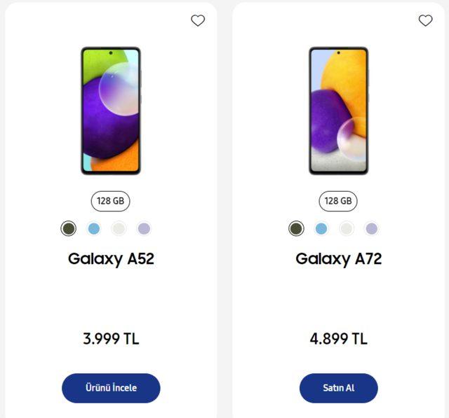 Galaxy A52 ve Galaxy A72 fiyatı