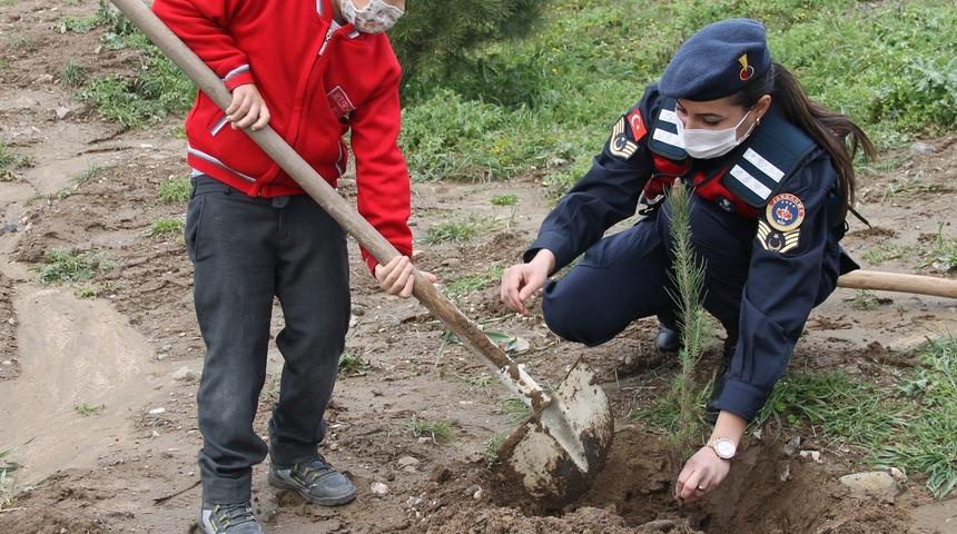 &Ccedil;ocuklar, jandarma ekipleriyle fidan dikti