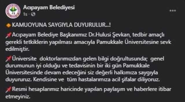 Acıpayam Belediye Başkanı Şevkan tedbir için hastaneye kaldırıldı