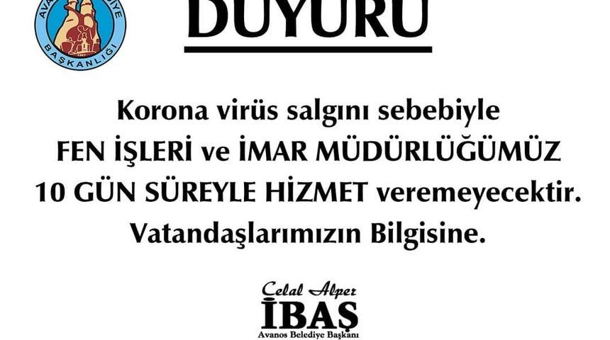 Avanos Belediyesi koronavirüs nedeniyle iki müdürlükte hizmet veremeyecek