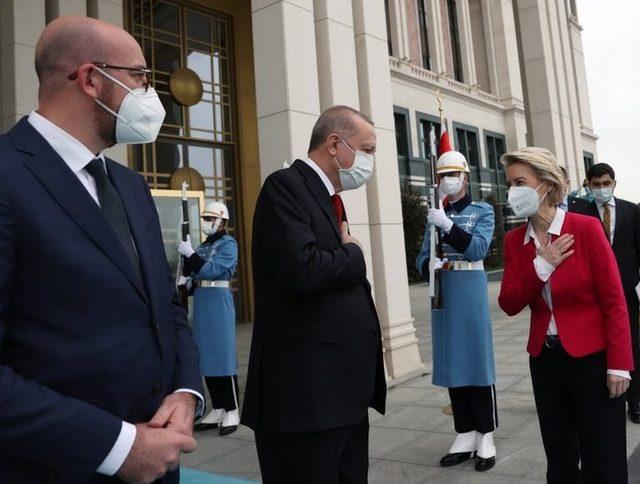 AB Konseyi Başkanı Charles Michel, Cumhurbaşkanı Recep Tayyip Erdoğan ve Avrupa Komisyonu Başkanı Ursula von der Leyen