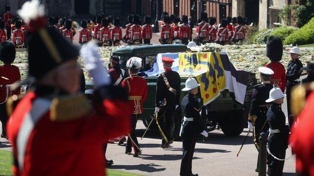 The duke's custom-designed hearse moves towards St George's Chapel during a procession at Windsor Castle