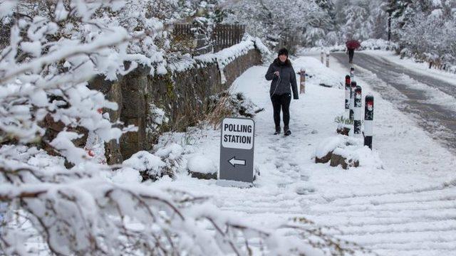 Voters in the village of Farr, near Inverness braved the snow