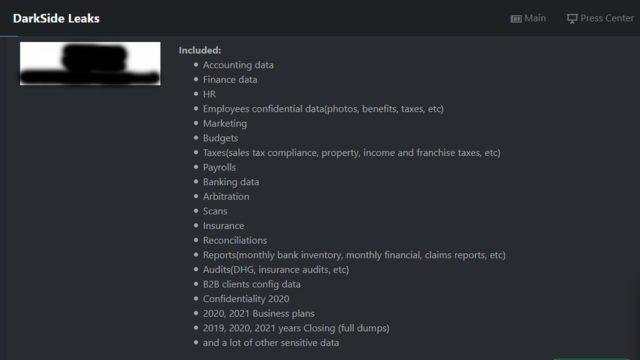 DarkSide'ın internet sitesinde, hack'lenen şirketlerden hangi bilgilerin çalındığının listesi yer alıyor.