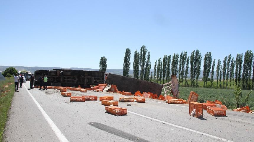Canlı tavuk yüklü TIR devrildi, yüzlerce tavuk telef oldu