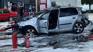 Arnavutköy’de kontrolden çıkan araç akaryakıt istasyonuna daldı
