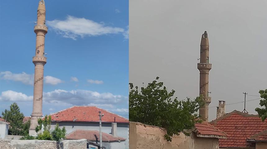 Yıldırım düşen caminin minaresi yıkıldı