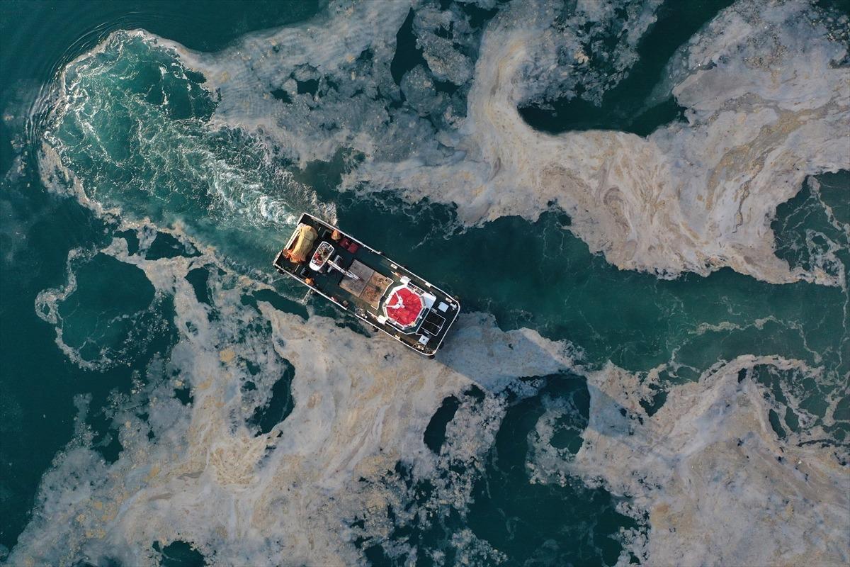 M&uuml;silaj kaplı denizde bir tarafta temizlik &ccedil;alışması y&uuml;r&uuml;t&uuml;l&uuml;rken diğer yanda &ccedil;ocuklar y&uuml;z&uuml;yor