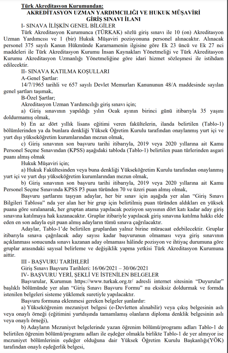 Türk Akreditasyon Kurumundan Akreditasyon Uzman Yardımcılığı Ve Hukuk Müşaviri Alımı 