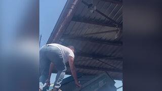 Sivas’ta ayağı ipe dolanarak çatıda asılı kalan güvercini çevredeki esnaf kurtardı