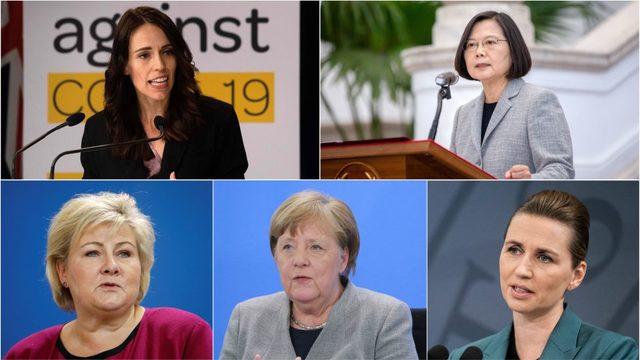 Pandemide övülen bazı kadın liderler: (Sol üstten, soldan sağa): Jacinda Ardern (Yeni Zelanda), Tsai Ing-wen (Tayvan), Erna Solberg (Norveç), Angela Merkel (Almanya) ve Mette Frederiksen (Danimarka)