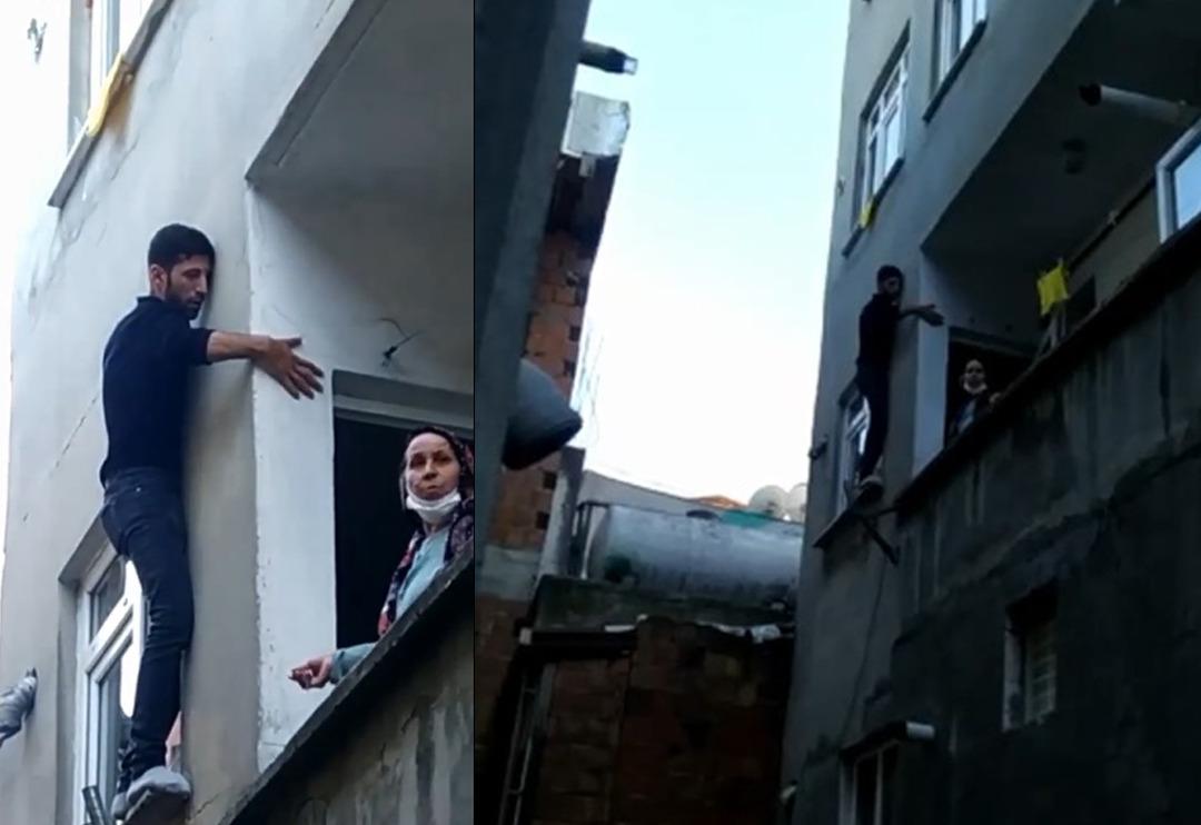 Pencerede mahsur kalan hırsız, bina sakinlerine yalvardı