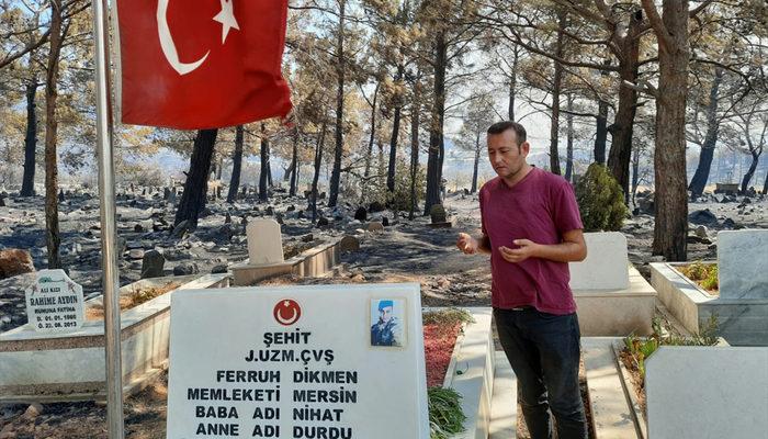 Mersin'deki yangında dikkat çeken detay! Mezarlıktaki şehit kabri ve Türk bayrağı yanmadı