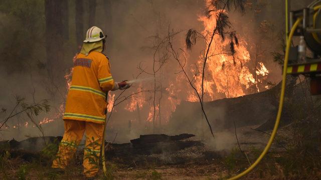 Australia fires: A lone firefighter aims his hose at burning vegetation while controlling a 