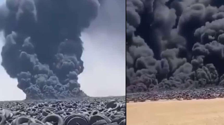 Kuveyt'te dünyanın en büyük lastik çöplüğü ateşe verildi: Gökyüzü siyaha döndü