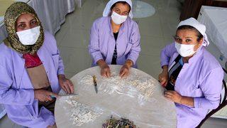 Kadınlar kış mesaisinde, elleriyle tek tek kesiyorlar