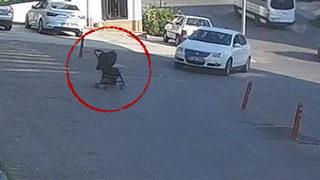 Panik anları saniye saniye kamerada! Bebek arabası 3 metreden düştü