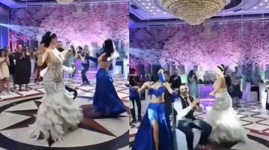 Şoke eden görüntü! Düğüne gelen dansöz damadın etrafında göbek attı