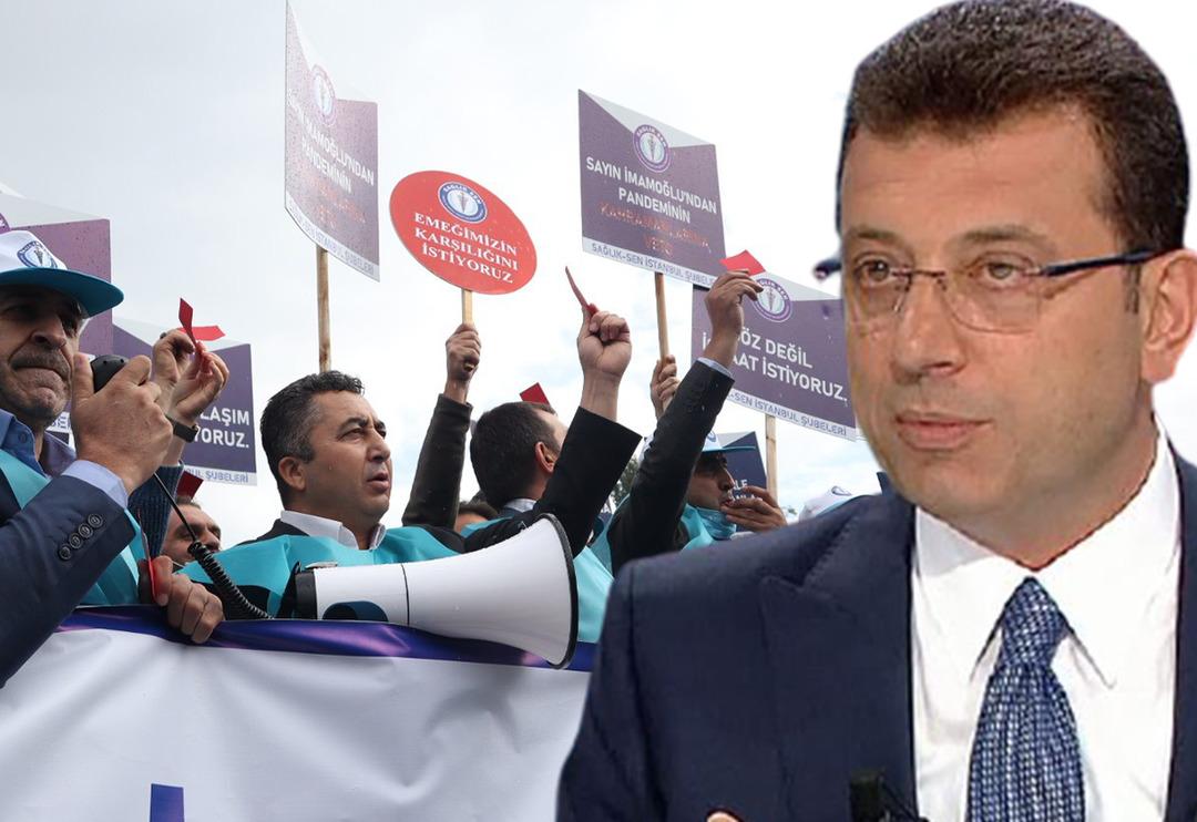 Sağlık &ccedil;alışanlarından İBB &ouml;n&uuml;nde protesto! İmamoğlu'na 'kırmızı' kart