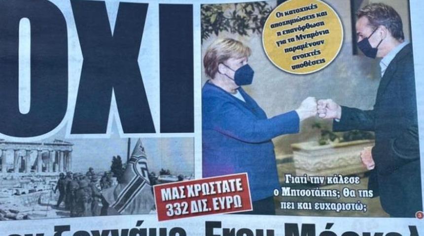 Merkel'in Yunanistan ziyaretinde dikkat çeken manşet: Bize 322 milyar borçlusunuz