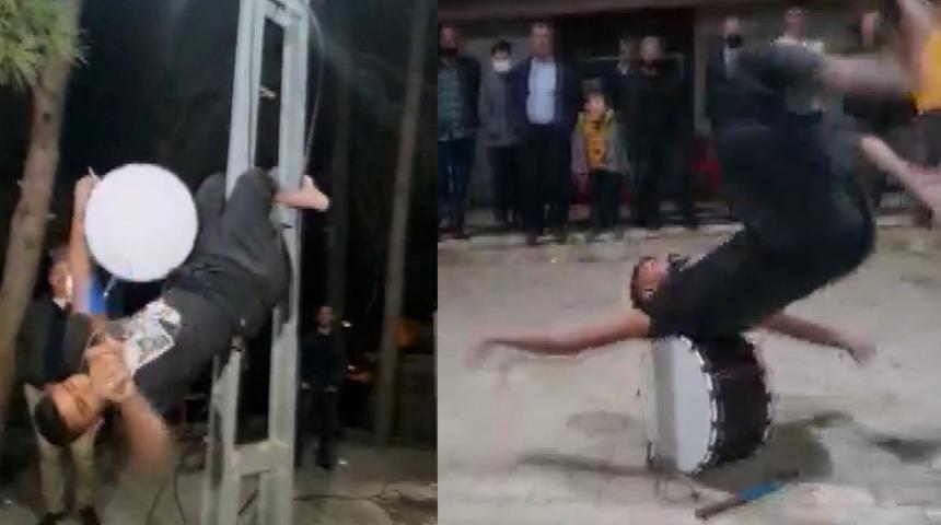 Elektrik direğinde davul şovu şaşkına çevirdi