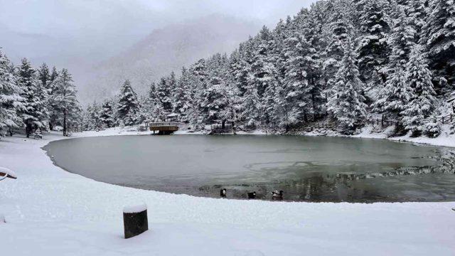 Zigana’nın nazar boncuğu Limni Gölü Tabiat Parkı, beyaza büründü! Ortaya kartpostallık görüntüler çıktı