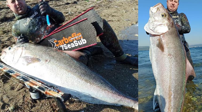 Zıpkınla 55 kiloluk akya balığı avladı