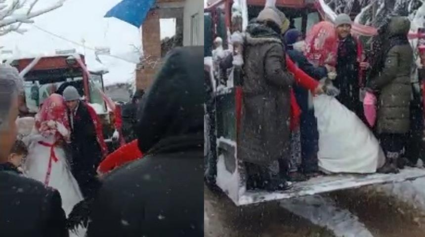 Çorum'da kar yolları kapattı, gelini böyle aldılar! Konvoyda otomobil yerine...