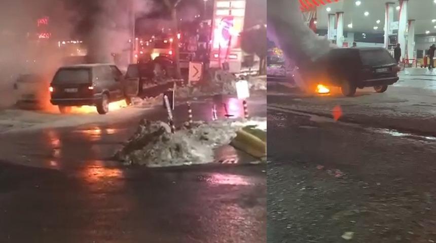 Bağcılar'da korku dolu anlar! Lüks cip akaryakıt istasyonu önünde alev alev yandı