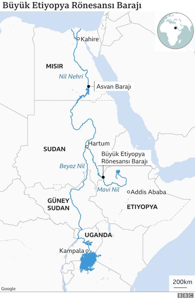 Nil Nehri üzerine kurulan Büyük Etiyopya Barajı'nın etki alanı haritası