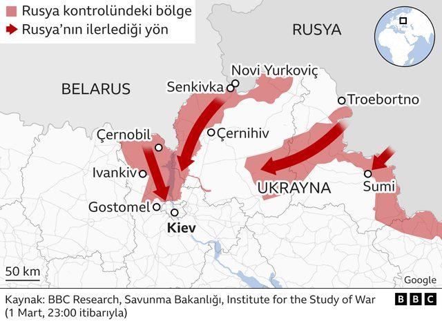 Rusya'nın kuzeyden ilerleyişini gösteren harita