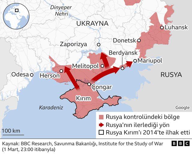 Rusya'nın güneyden ilerleyişini gösteren harita