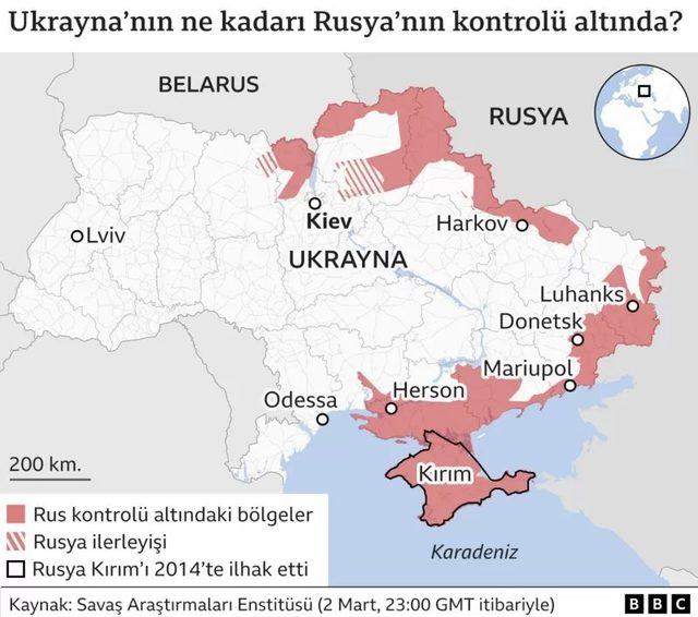 Ukrayna'daki Rus kontrolünü gösteren harita