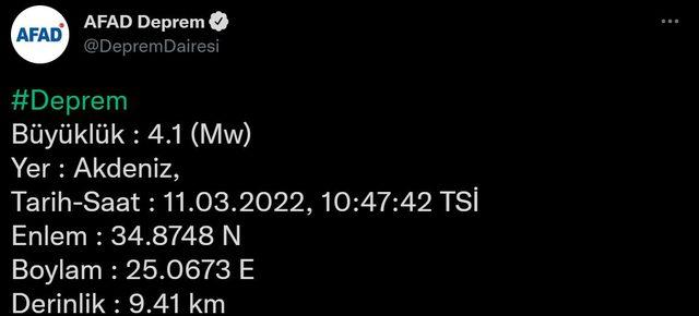 11 Mart Cuma Akdeniz'de deprem mi oldu?