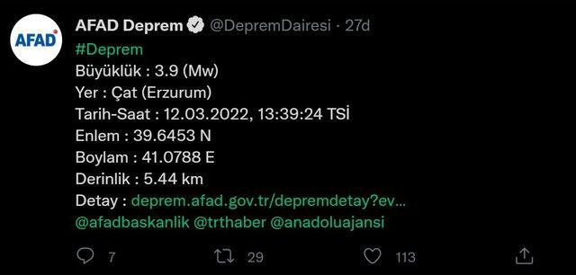 12 Mart Cumartesi Erzurum'da deprem mi oldu? 