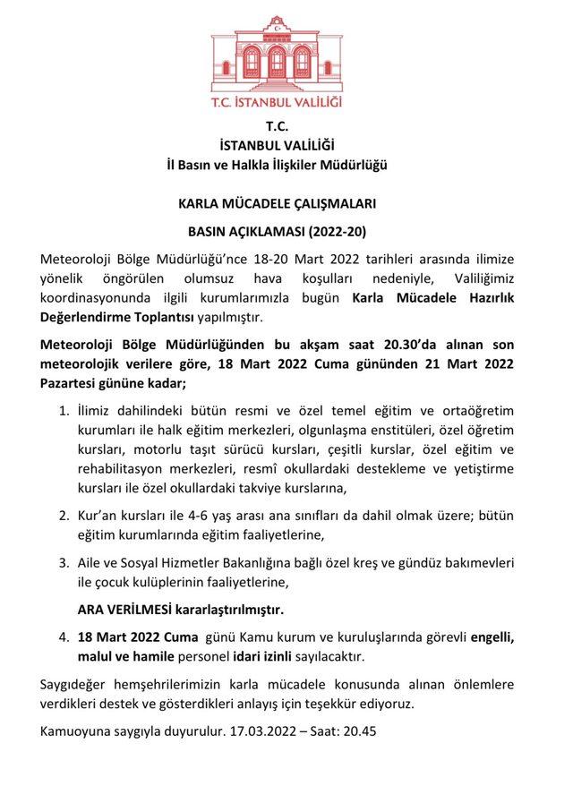 İstanbul ve Giresun'da okullar tatil mi? 18 Mart İstanbul ve Giresun'da yarın okullar tatil mi edildi?