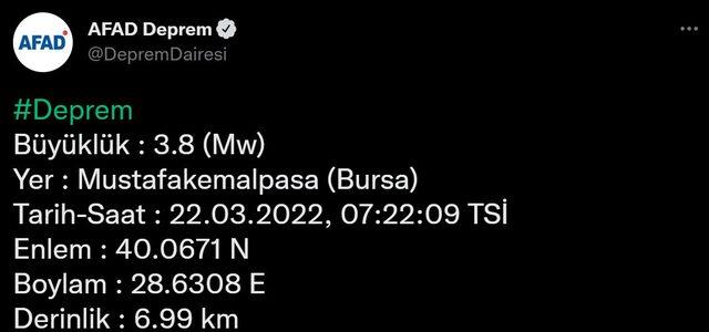 22 Mart Salı Bursa'da deprem mi oldu?