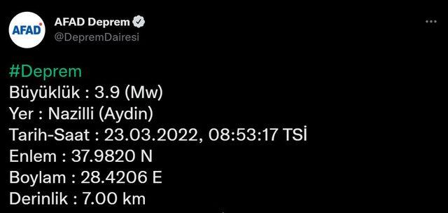 23 Mart Çarşamba Aydın'da deprem mi oldu?